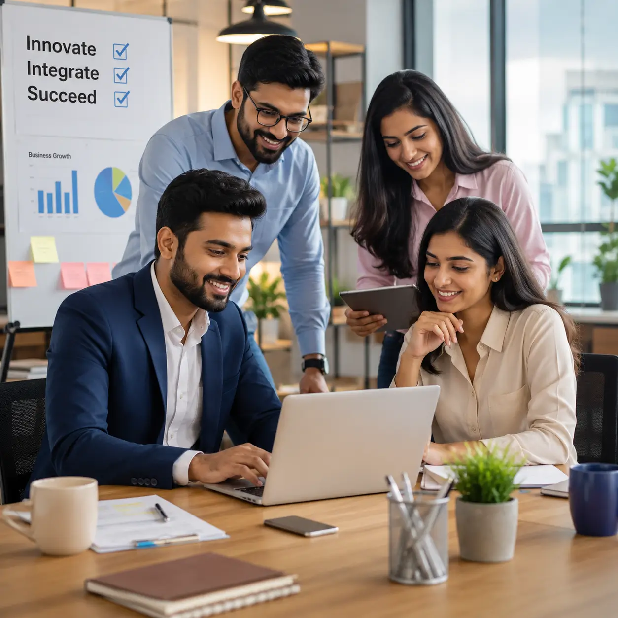 business team collaborating using HRMS ERP FSM software for productivity and growth in office environment