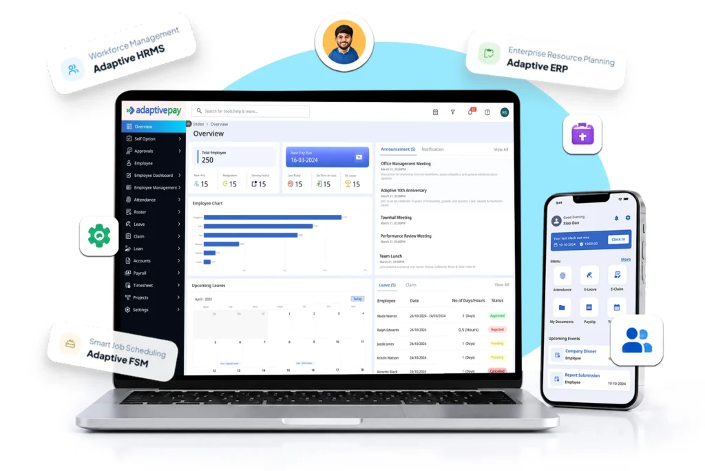 Adaptive BizApp HRMS ERP FSM software dashboard with employee management, payroll and mobile app interface